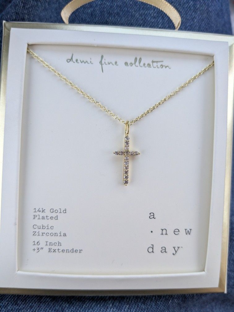 14k gold plated cubic zirconia cross necklace