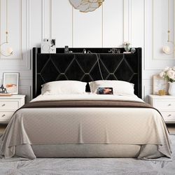 Queen Size Bed Frame with Storage Headboard & Smart Charging Station Velvet Upholstered Queen Platform Bed Frame with Wingback Headboard, Diamond Tuft