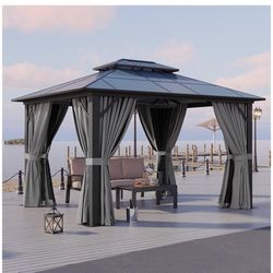 New In Box,10’x12’ Polycarbonate Hardtop Gazebo With Curtain And Netting (grey
