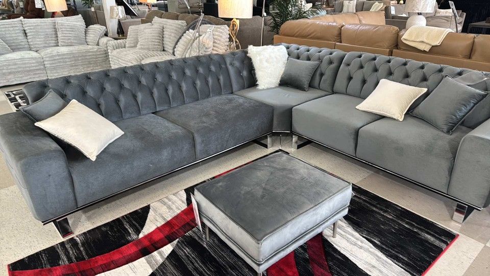 Contemporary Gray Velvet Oversized Sectional Couch