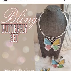 Gorgeous Glam Silver Plated Metal Choker Butterfly Necklace with matching Earrings and Open Cuff Bracelet,
