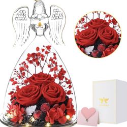 Valentines Day Gift for Women - Preserved Rose Forever Flower in Glass Angel Figurine