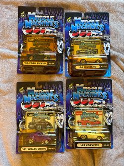 Muscle Machines Lot of 4 MOC 1:64 Die Cast - 56 Ford Pickup 66 Mustang 63 Corvette 41 Willys Coupe