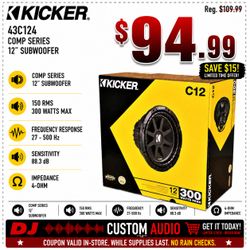 Kicker Comp Series 12" Bass Speaker C12 4-Ohm Subwoofer 300 Watts 43C104 🚨 Payment Options Available 🚨 No Credit Needed 🚨