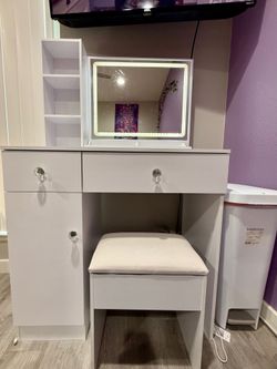 35" Vanity Desk with Mirror, LED Light, Power Outlet