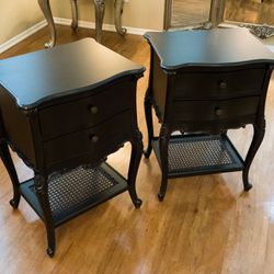 Set of 2 - Black French Rattan Side Tables Hollywood Regency Shabby Chic