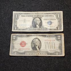 Red cereal number $2 bill And 1 Dollar Silver Certificate.