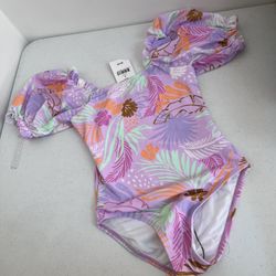 New! Size 6 For Girls Tropical Puff Sleeve One Piece Lavender Bathing Suits For The Beach 🏝️/ Pool 💦 Breathable Fabric . New From CottonOn Store. 