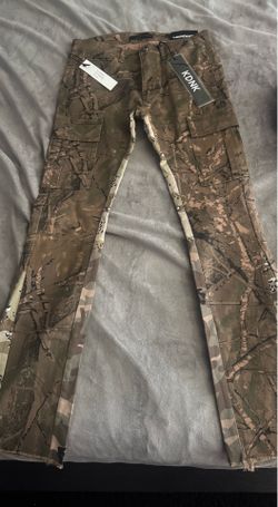KDNK Skinny Flare Cargo Pants in Multi Camo Olive, Size 32