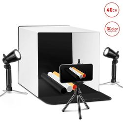 ESDDI Photo Light Box Photography 16"x16"/40x40cm Portable Table Top Lighting Shooting Tent Kit Foldable Cube with 2x20 Led Lights 3 Color Backdrop fo