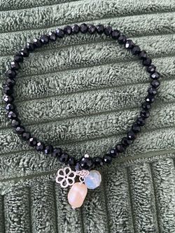 Black Beaded Charm Bracelet with Pearl, opalite, and black agate, real stones