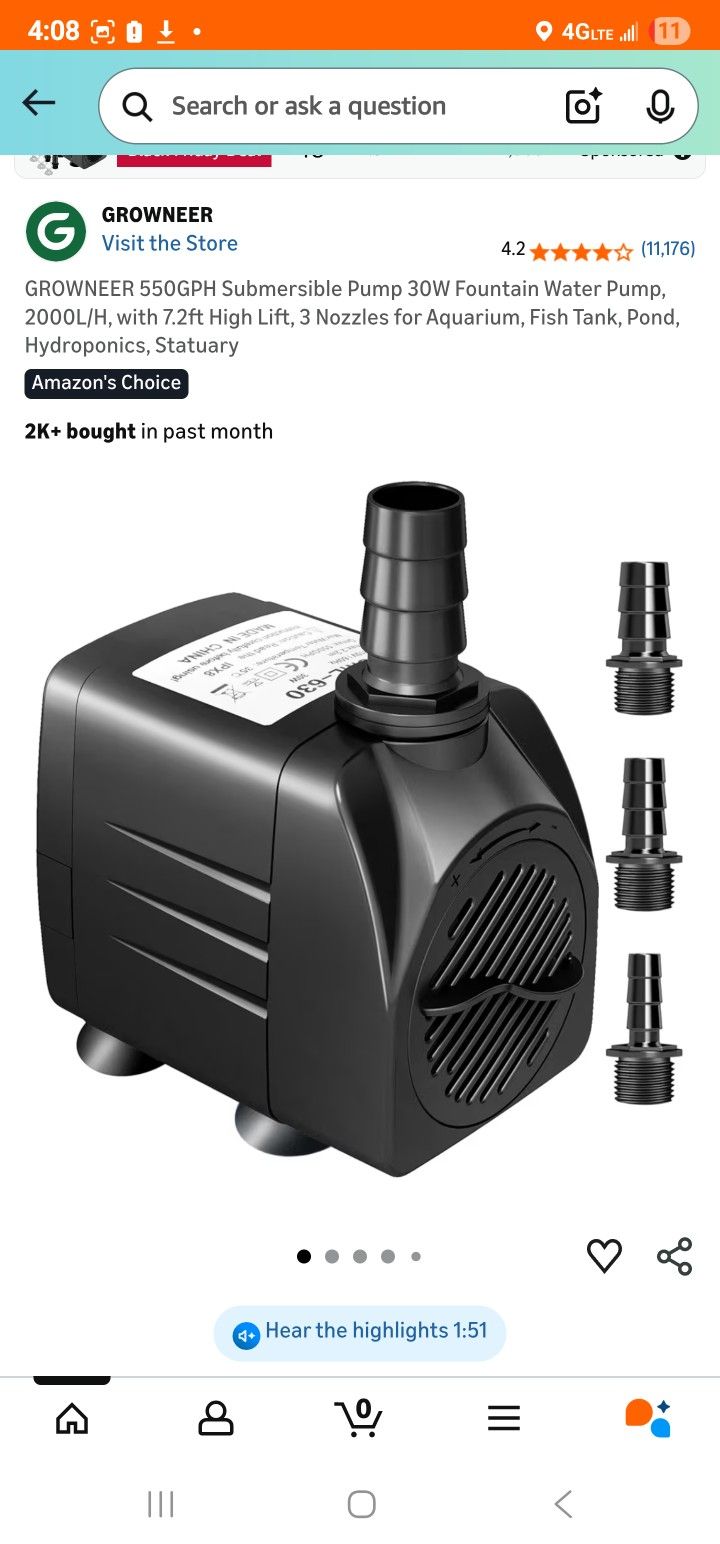 GROWNEER 550GPH Submersible Pump 30W Fountain Water Pump, 2000L/H, with 7.2ft High Lift, 3 Nozzles for Aquarium, Fish Tank, Pond, Hydroponics, Statuar