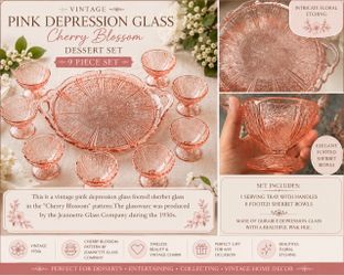Vintage Jeannette Cherry Blossom Pink Depression Glass Dessert Set | 9-Piece Footed Sherbet Glasses with Handled Serving Tray | 1930s