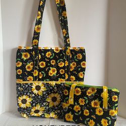 HONEYBEE SUNFLOWERS QUILTED HANDMADE TOTE & COSMETIC PURSE SET 