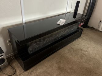 71"W Black Finish TV Stand with Fireplace and Speaker