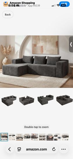 brand new in box! Modular Sectional L-Shaped Sofa with Deep Seat, Modern Boneless Comfy Corduroy Fluffy Couch with Side Pockets and Anti-Slip & Floor-