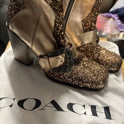 Coach Women Gold Glitter Western Ankle Boots Size 6