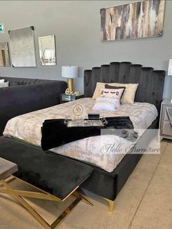 New Adrian Channel Tufted Bed With Gold Legs Grey, Black, Cream, Blue 