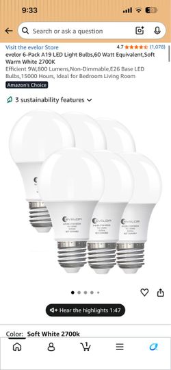 Evelor A19 LED Light Bulbs 6-Pack 2700K