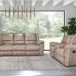 Brand New Light Brown Leather Reclining Sofa & Loveseat 