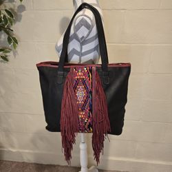 PONCHOS BAGS FRINGED IKAL Medium Size Tote Bag Leather Huipil Black/Multi.