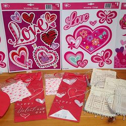 Valentines Day Window Clings, Gift Bags, Heart Box, Beaded Fabric Bags New