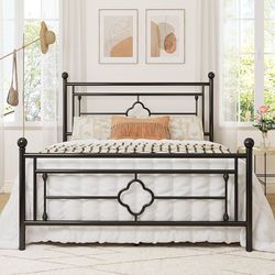 Queen Size Metal Platform Bed Frame with Victorian Vintage Headboard and Footboard