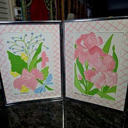 2 Vintage floral painting created by artist Shari Hatchett Bohlmann, featuring her signature raised paint technique and likely dating from the 1970s. 
