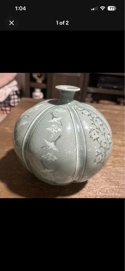 Vintage Korean Celadon Inlaid Crane Melon Vase Signed Ji-Kwang 池光 Cheongja 6"