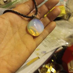 Huge Polished Rainbow moonstone pendant Necklace On blk Braided 18" Leather Cord