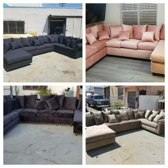 NEW 5x13x8ft And 8x13x5ft U SECTIONAL COUCHES. Black Fabric, Velvet PINK, Baby FACE BLACK,  Jaguar OTTER FABRIC Sofas 3 Pieces 