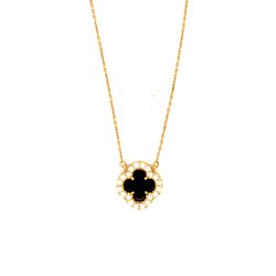 14K Gold Clover Onyx/Cz Necklace