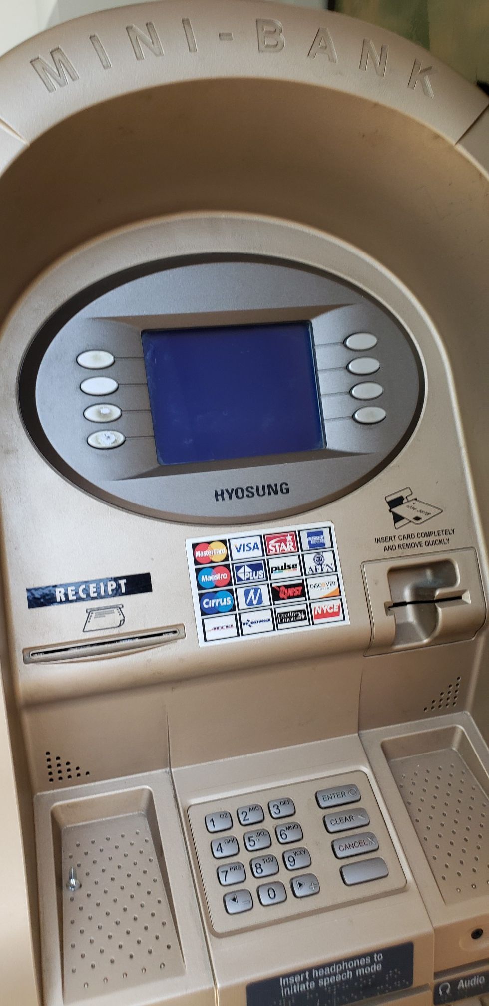 ATM machine for a man cave. Doesn't work but can be repaired. Door hinge is broken.