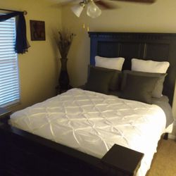 Large Queen Size Bed Frame With Tall Dresser (No Mattress) ALso Has Storage Drawers In Front 