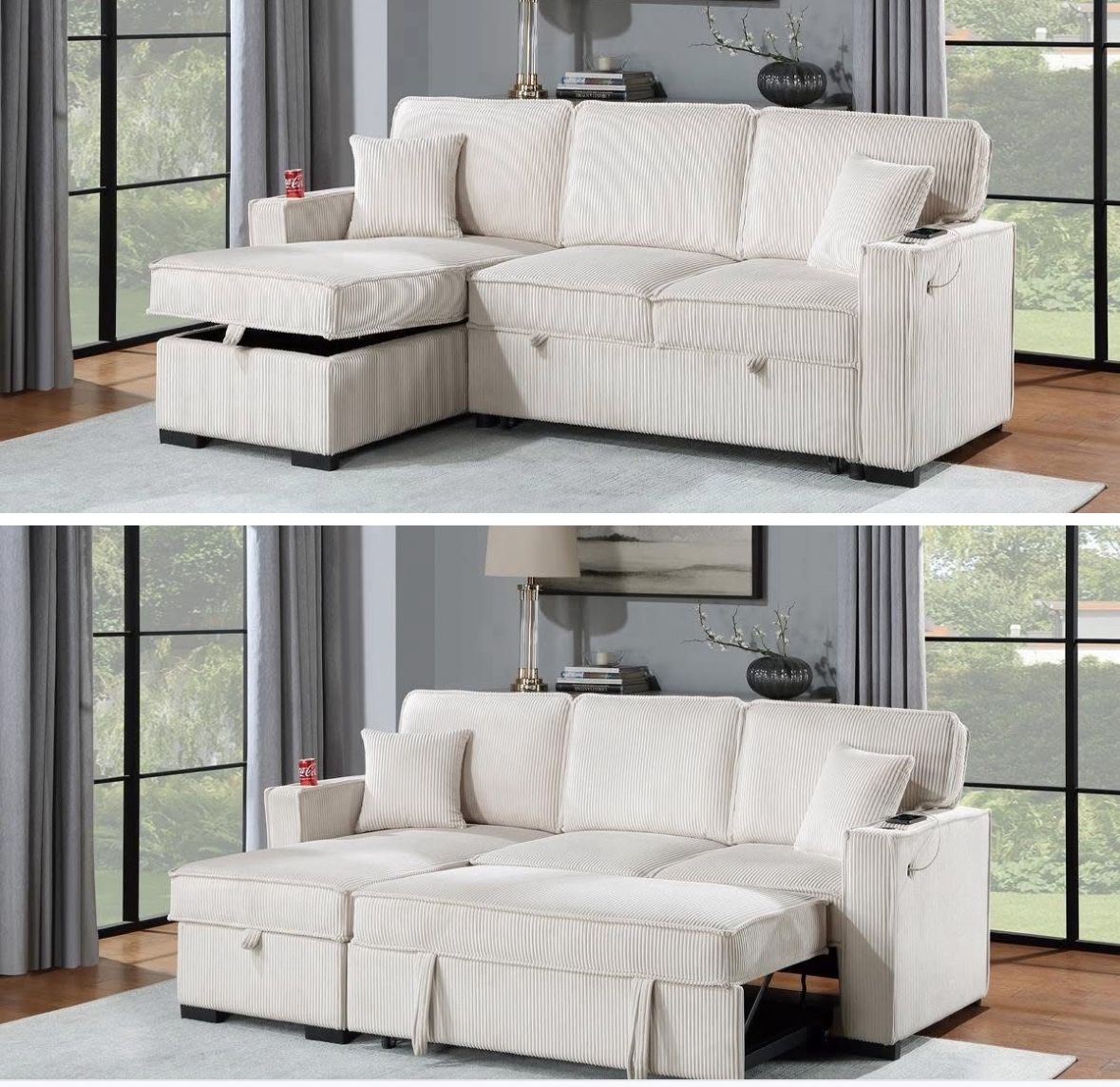 $369.     2-PCConvertible Sectional  Sleeper Sofa W/ Cupholder Sofa Storage & USB Ports  89”x 59”X36”H