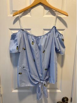 Brand New  Haute Fox Blue Striped Pineapple Off-The-Shoulder Tie Front Top - women’s size 1X - Simi