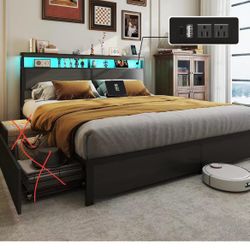 King Bed Frame with 2-Tier Storage Headboard , 