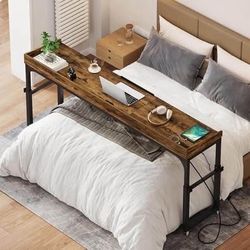 New Height Adjustable Overbed Table Desk with Wheels, Outlets & USB Ports Rustic Brown for Queen Size Bed