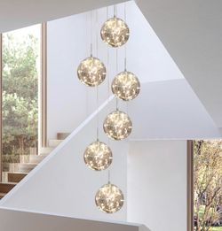 KAUCQI Long Chandeliers For High Ceilings,Modern Crystal Pendant Light,Raindrop Drop Lamp,Hanging Flush Mount Lighting Fixtures For Spiral Staircase,F
