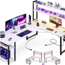 66" L-Shaped Gaming Computer Desk Hutch Power Outlet LED Strip Monitor Stand Shelf Corner White NEW
