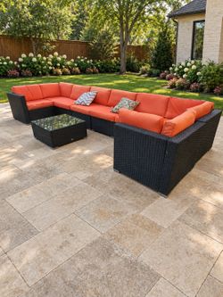 Oversized 9-Piece Outdoor Resin Wicker Sectional Set – 8 Seats + Glass-Top Table