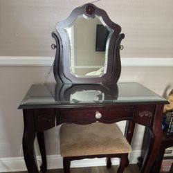 Dark Wood Vanity with Mirror and Stool
