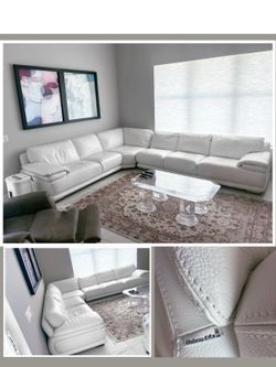 Modern White Genuine Leather L Shaped Sectional Sofa
