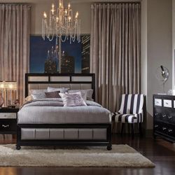 Brand New Queen Size Bedroom Set Includes Nightstand  Dresser And Mirror Black Wood Crystal Acrylic Padded Metallic Leatherette 