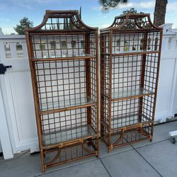 1970’s-80’s Pagoda Rattan Shelving Unit - Bookcase - Glass Shelves - Etagere