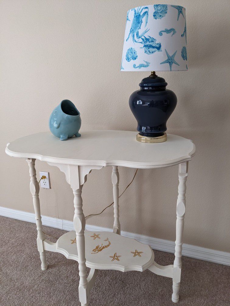 Vintage Shabby Chic White Side Table Entryway Table Hand Painted Mermaid Coastal Beach