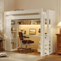 Aurell Twin Size Loft Bed with L-Shaped Desk, Storage cabinets, LED Light Strip and USB Ports