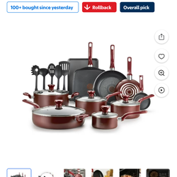 T-fal Easy Care, 20 Piece Non-Stick Pots and Pans Cookware Set, Red