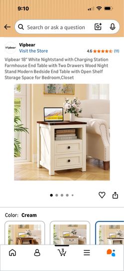 Vipbear Cream Nightstand w/ Charging Station + 2 Drawers