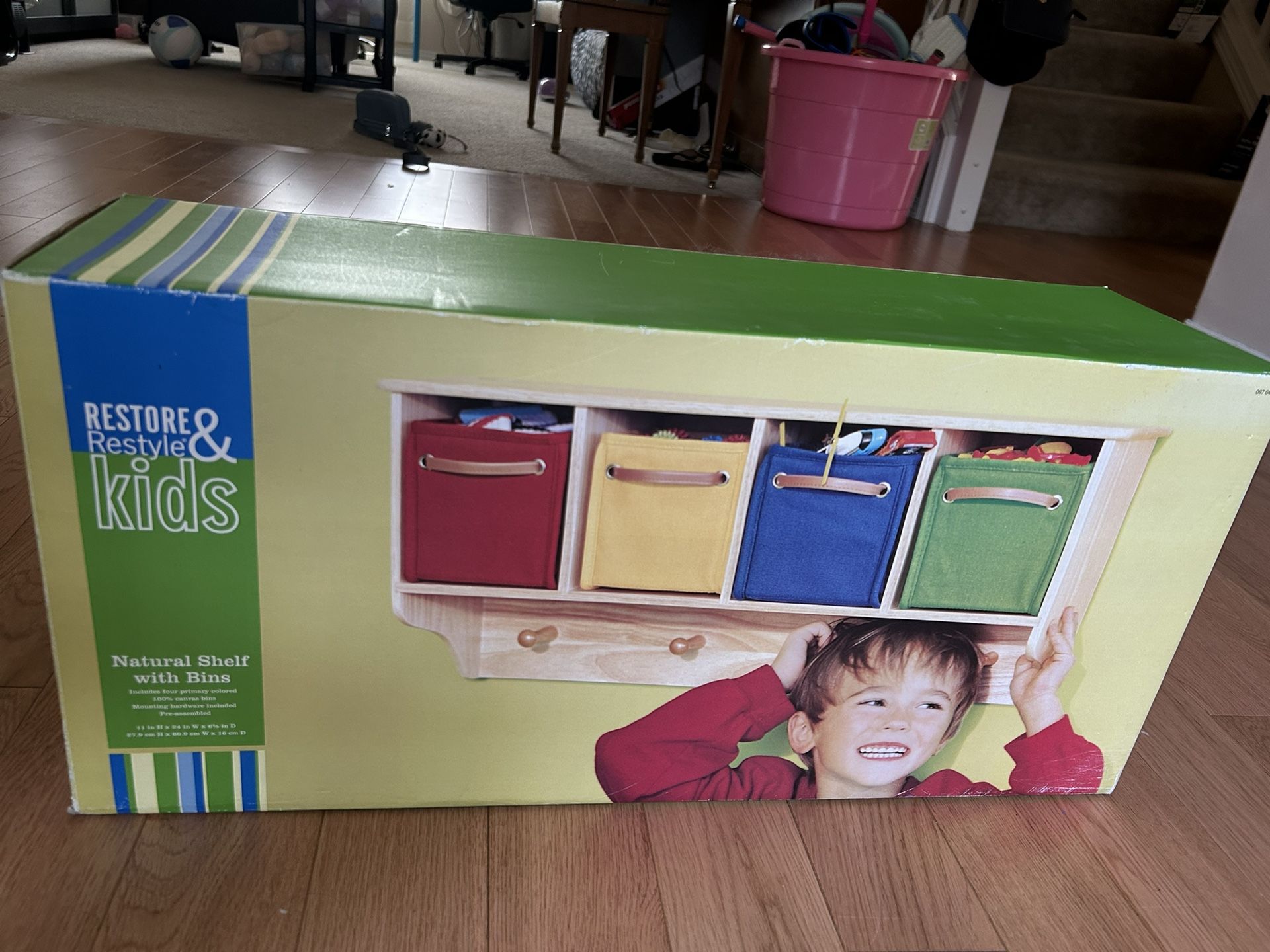 Hanging Wall Shelf With Canvas Bins And Pegs For Kids
